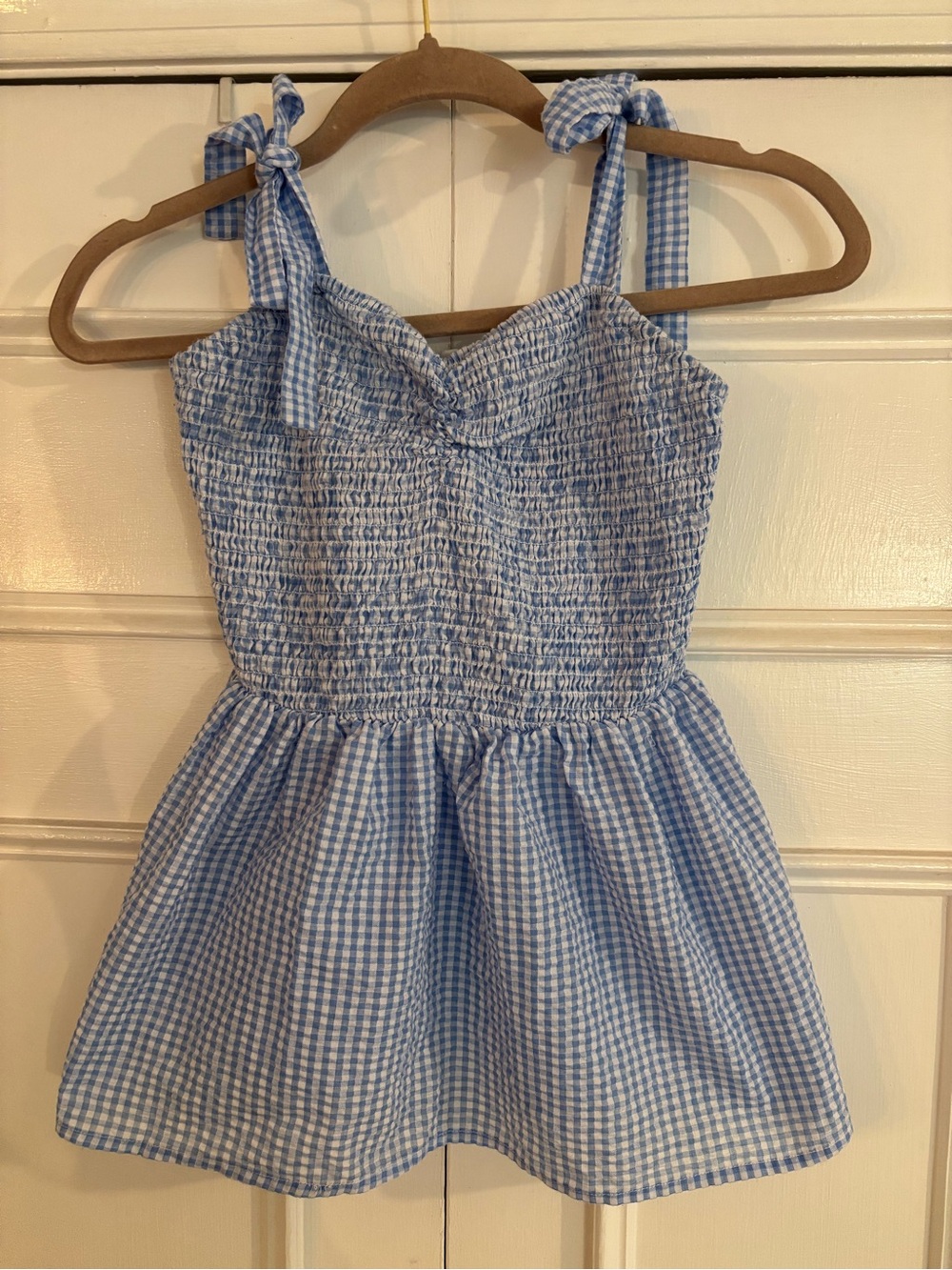 Unique Vintage Blue & White Gingham Seersucker Smocked Babydoll Tank Top Size M
